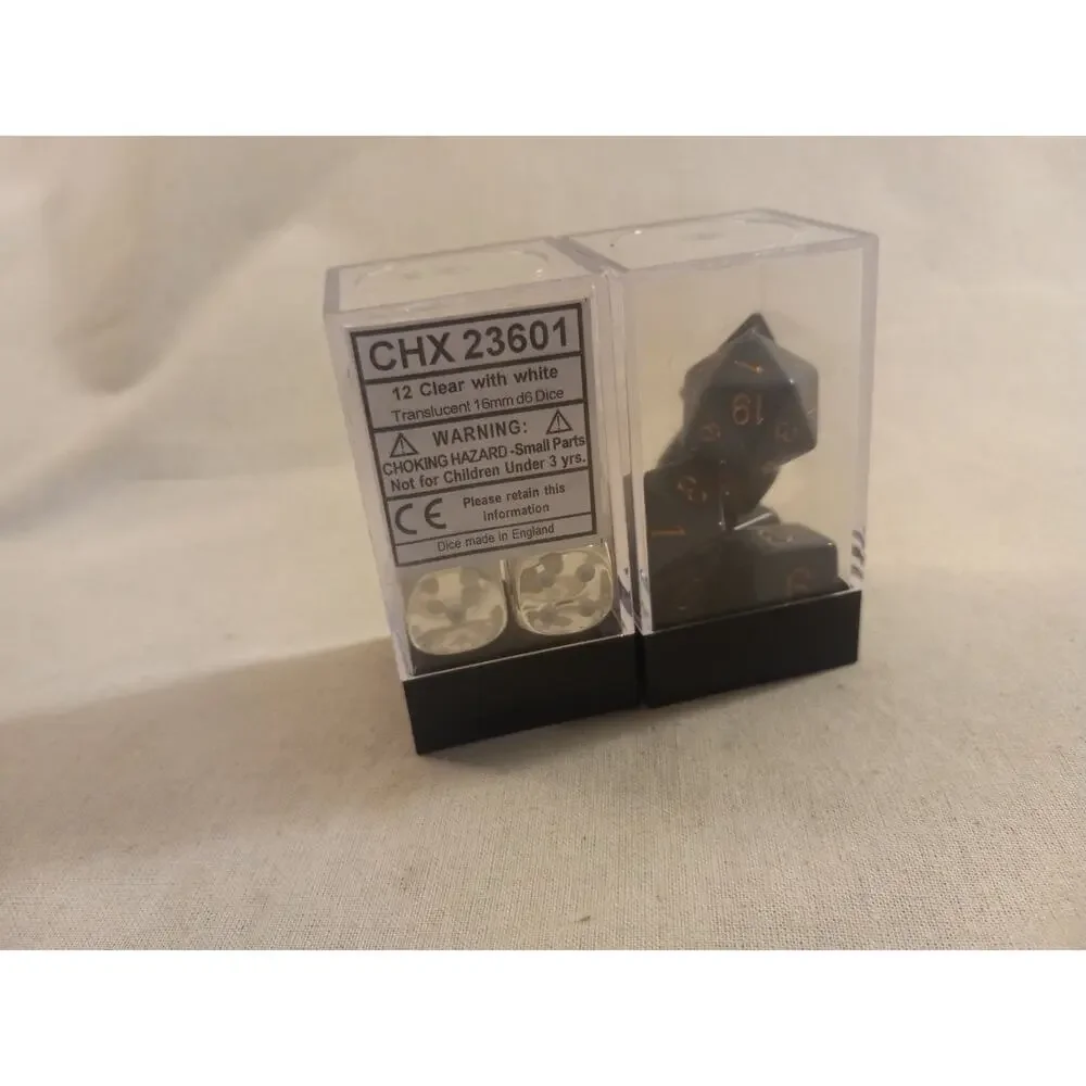 2 Dice - Clear with White D6 16mm Dice CHX 23601 & Grey with Gold Multi Sided